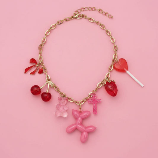 Collar Y2K Coquette con Dijes de Osito, Cerezas y Perrito de Globo